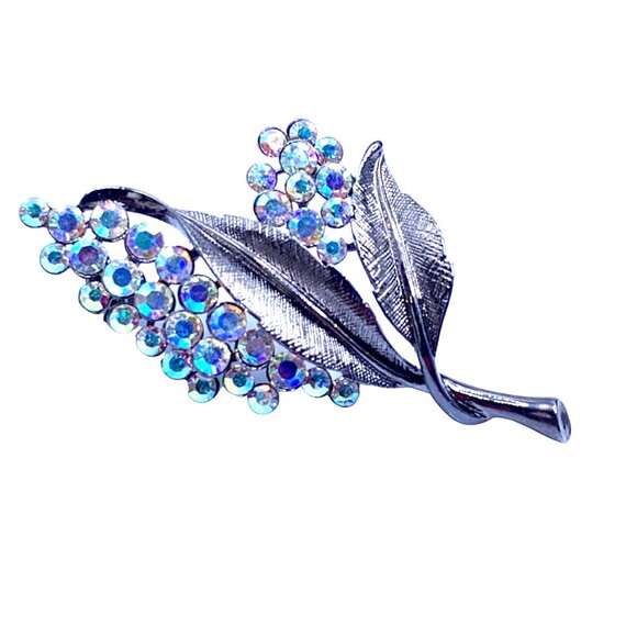 Vintage Alfred Sung Gray Tone Floral Brooch With Aurora Borealis Rhinestones - Picture 1 of 7
